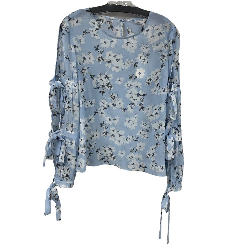 NWT English Factory Light Blue Floral Print Tie Up Long Sleeve Blouse Medium
